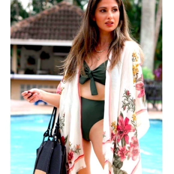New Beautiful Floral Ivory Pink Kimono Swimsuit Beach Cover Swimwear Cardigan - Picture 1 of 6